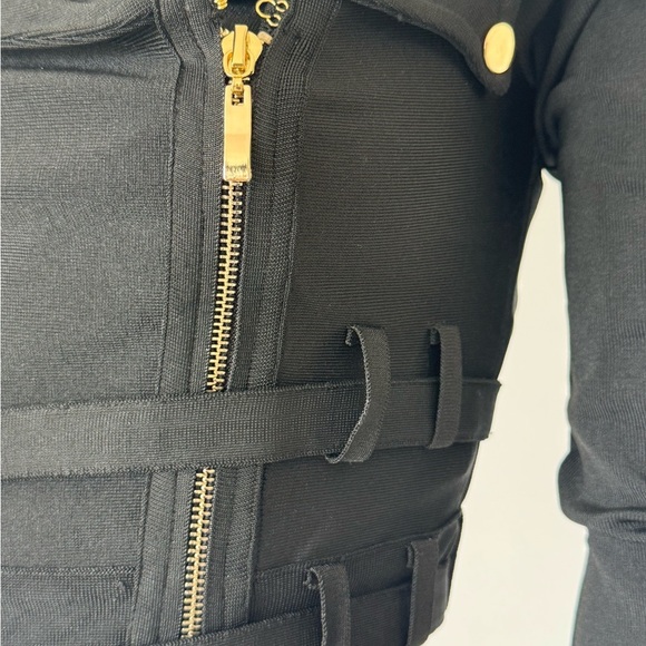 Wow Couture Black Off-Shoulder Belted Long Sleeves Bondage Top Gold Accents - Picture 6 of 13